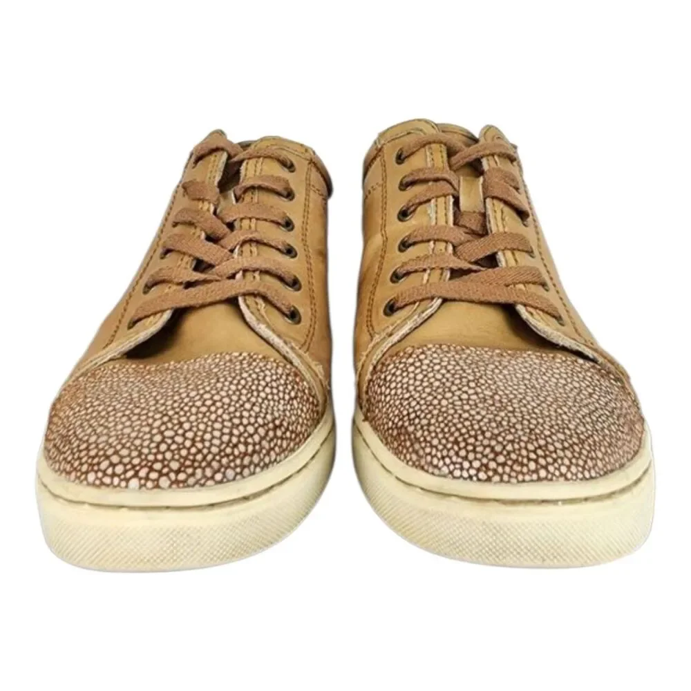 UGG Australia Taya Tan Leather Sneakers Silver Metallic Accent Size 9.5